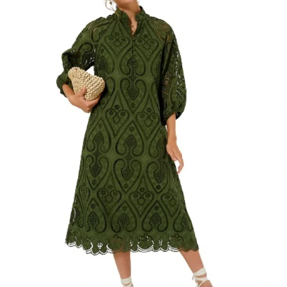 Tuckernuck Army Green Maryse Eyelet Lace Midi Dress medium - Picture 1 of 10